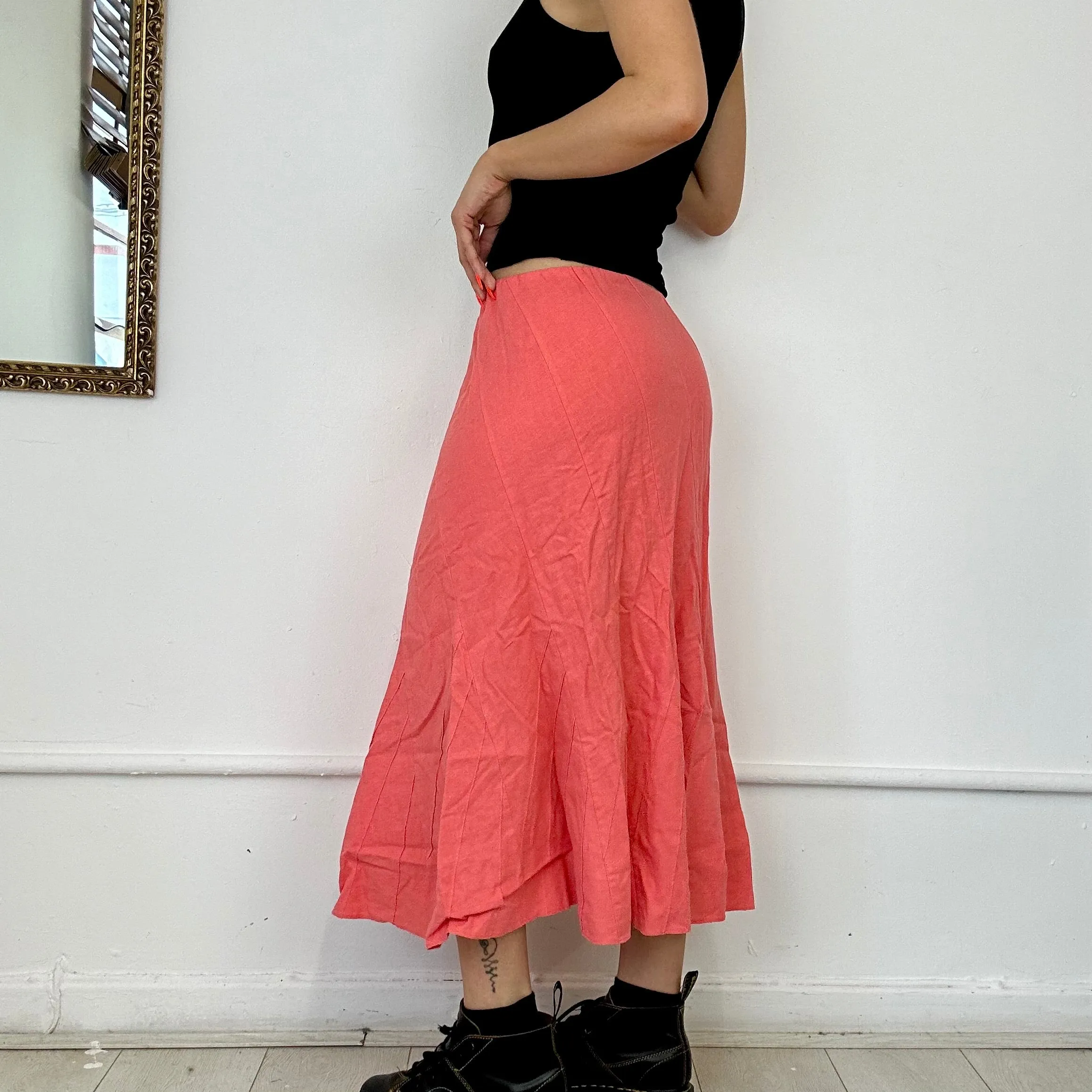 00s pink linen midi skirt