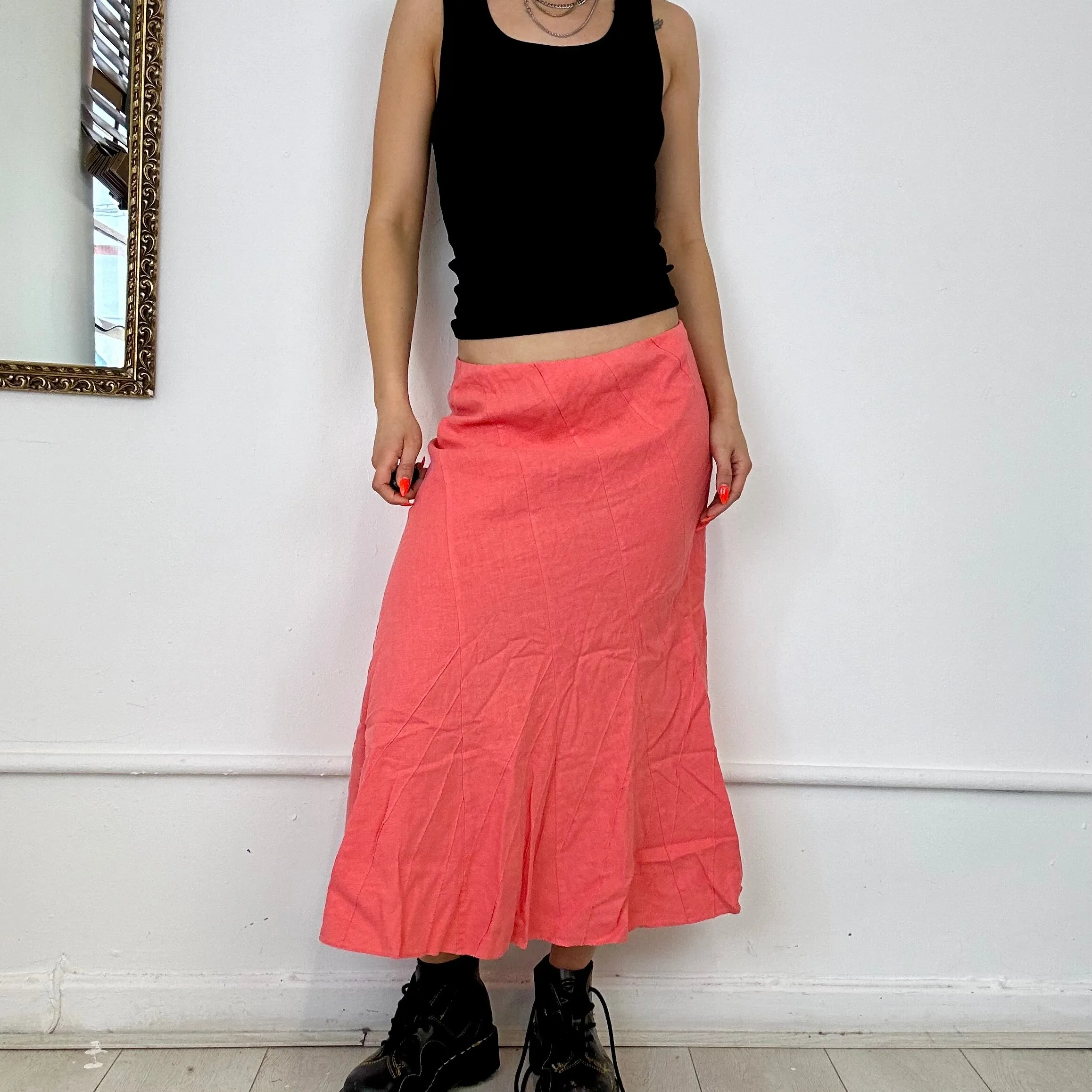 00s pink linen midi skirt