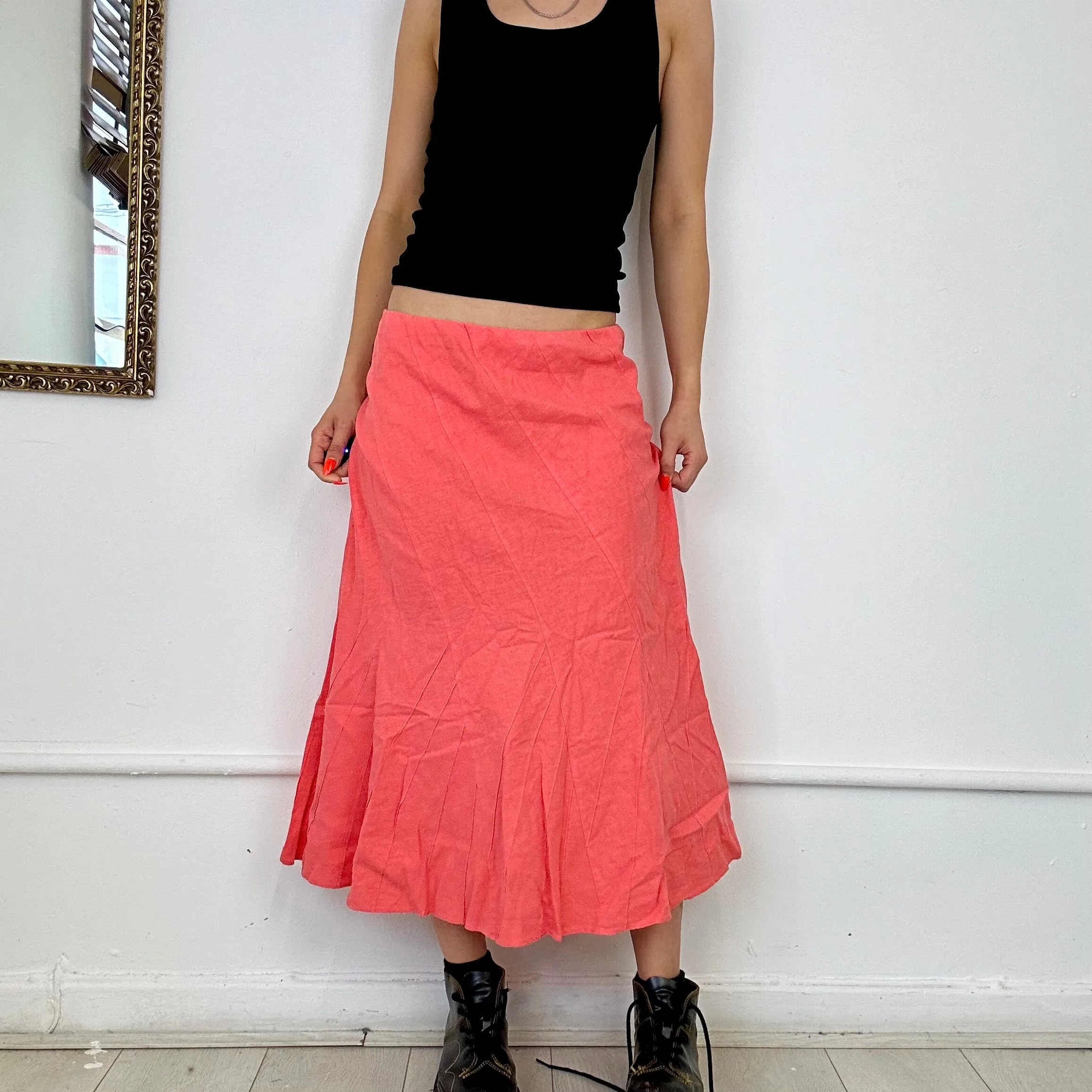 00s pink linen midi skirt