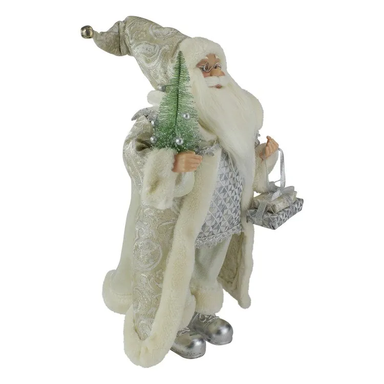 12" Ivory Standing Santa Christmas Figurine Carrying a Green Pine Tree