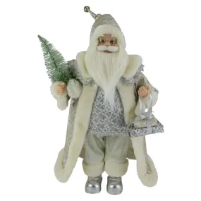 12" Ivory Standing Santa Christmas Figurine Carrying a Green Pine Tree