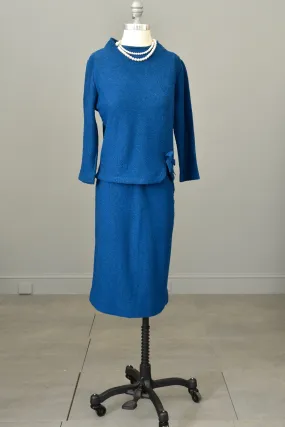 1950s Blue Textured Knit Top Sweater Skirt Set