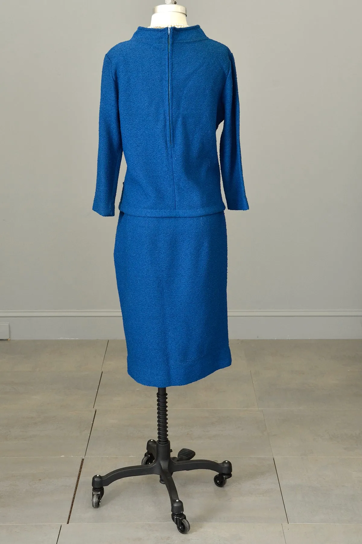 1950s Blue Textured Knit Top Sweater Skirt Set