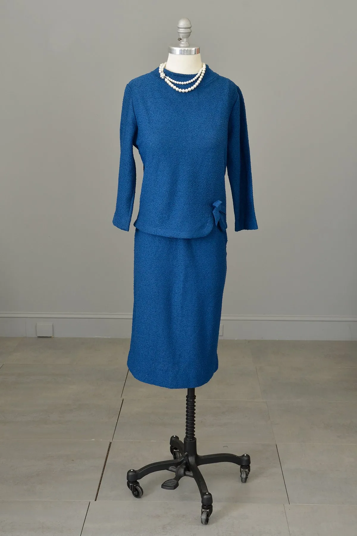 1950s Blue Textured Knit Top Sweater Skirt Set