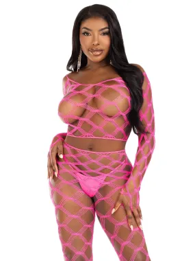 2 Pc Net Crop Top and Footless Tights - One Size - Neon Pink