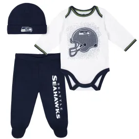 3-Piece Baby Boys Seattle Seahawks Bodysuit, Footed Pant, and Cap Set