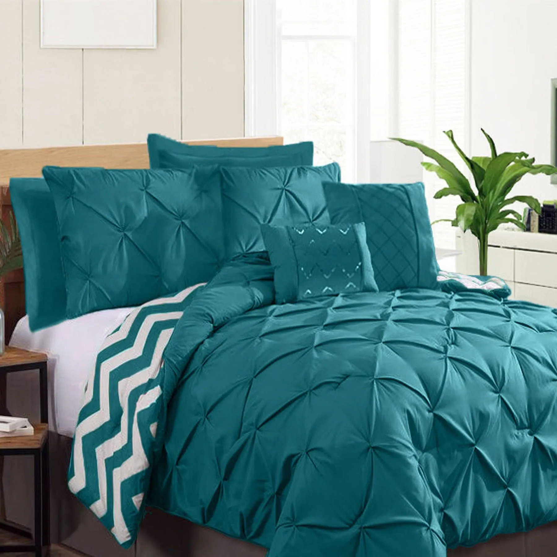 7 Piece Pinch Pleat Comforter Set Teal Queen