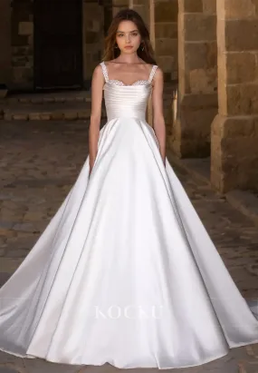 A-Line Sweetheart Straps Sleeveless Beads Ruched Satin Wedding Dress with Train Bridal Gowns