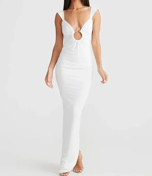 A&A V-neck Slip Backless Evening Maxi Dress