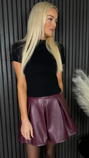 Alma Burgundy Leather Look Pleated Mini Skirt