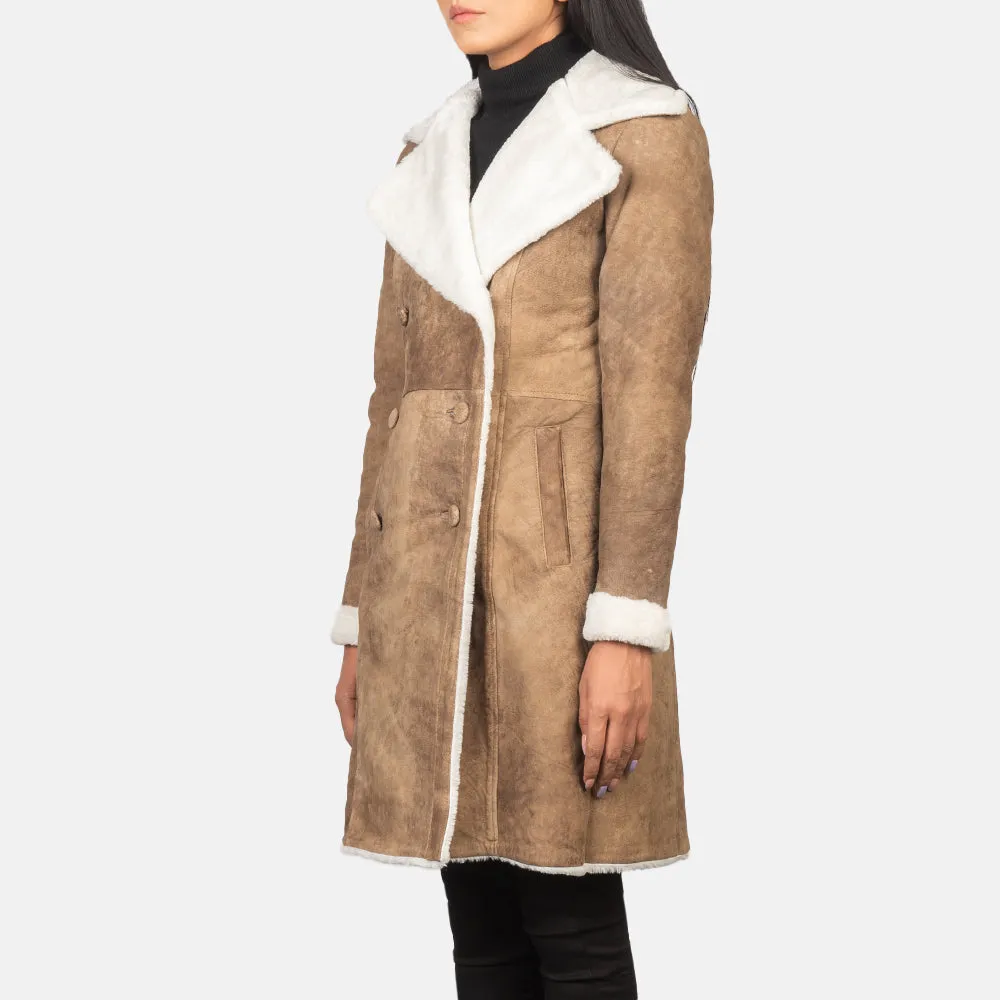 Amie Distressed Brown Double Breasted Shearling Coat