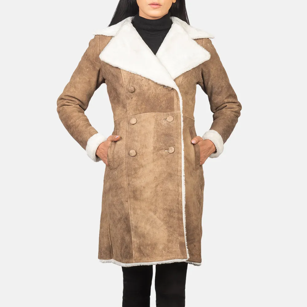 Amie Distressed Brown Double Breasted Shearling Coat