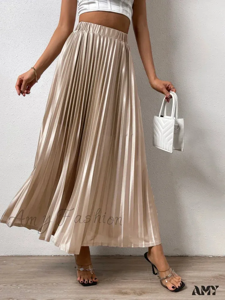 Amy Fashion - Solid Elastic Waist Pleated Skirt