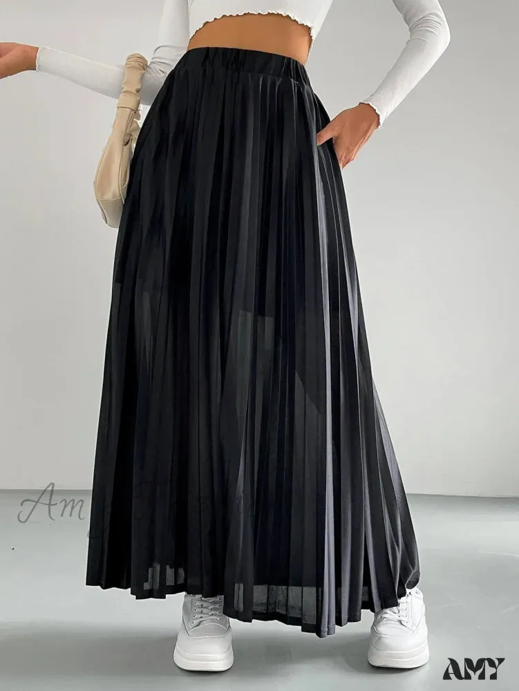 Amy Fashion - Solid Elastic Waist Pleated Skirt