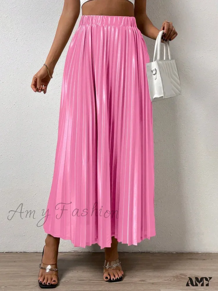 Amy Fashion - Solid Elastic Waist Pleated Skirt