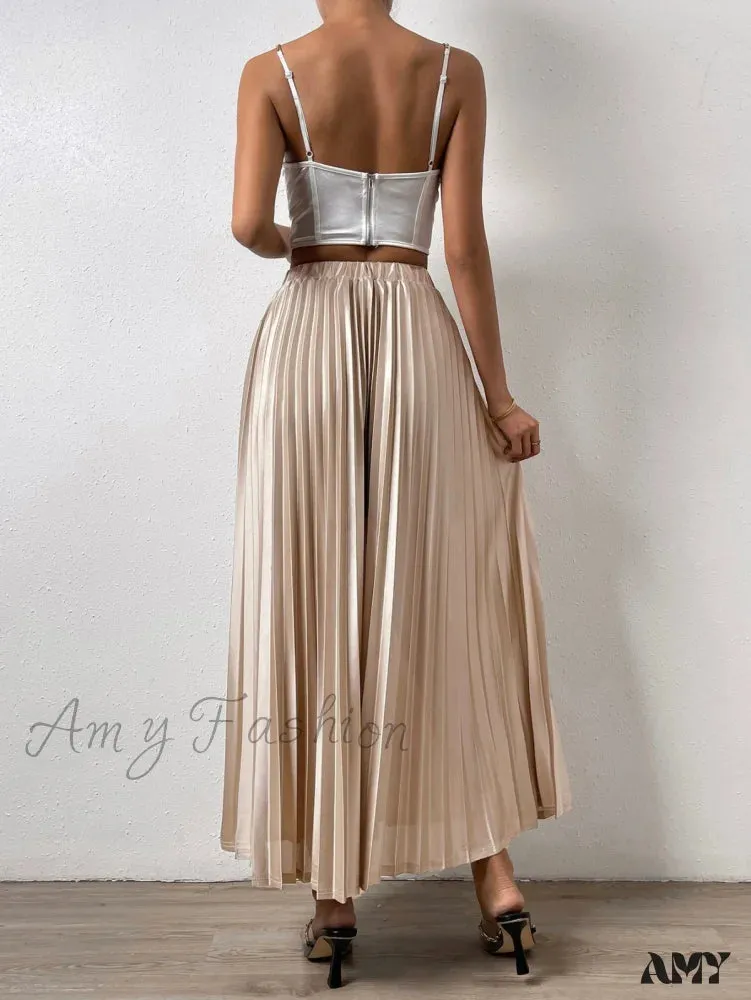 Amy Fashion - Solid Elastic Waist Pleated Skirt