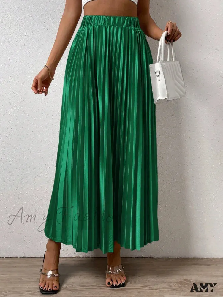 Amy Fashion - Solid Elastic Waist Pleated Skirt