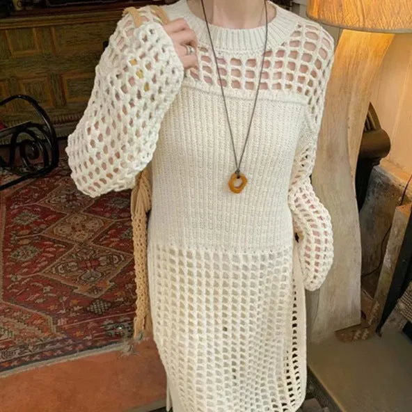 arwen &ajh group مجموعة اروين 2024 Spring And Autumn New Style Design Light Luxury Elegant Polyester Hollow Knitted Dress Women's Gauze Mesh Skirt Trend