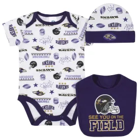 Baltimore Ravens 3-Piece Baby Boys Bodysuit, Bib, and Cap Set