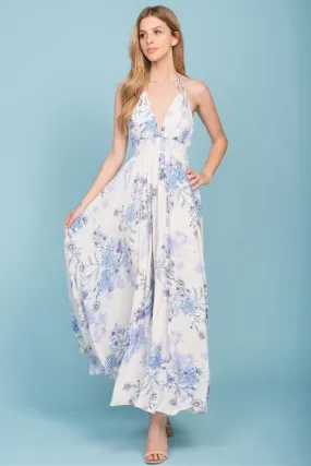 Baylor Floral Print Open Back Maxi Dress Beige