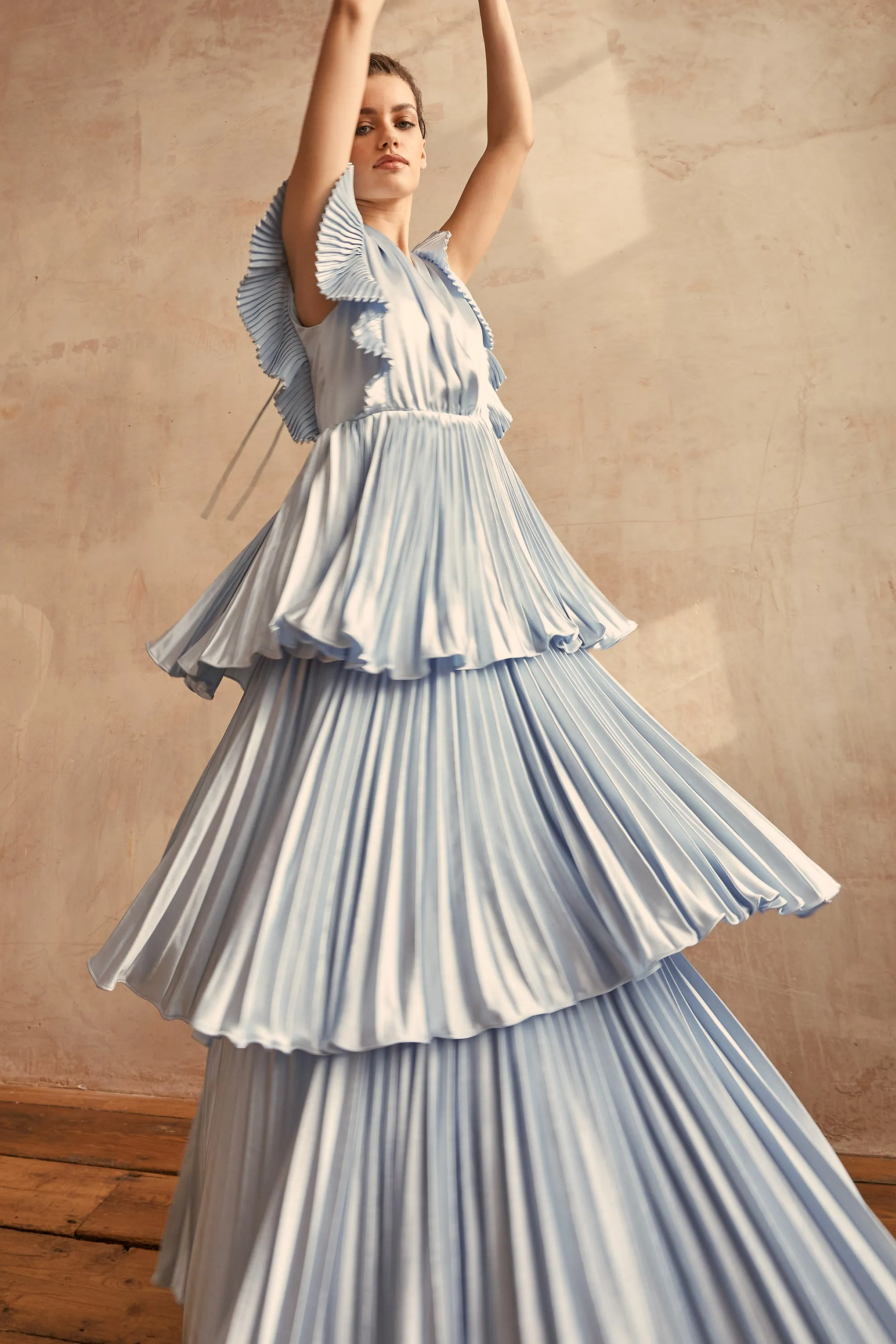 Beatrice Blue Satin Pleated Tiered Dress