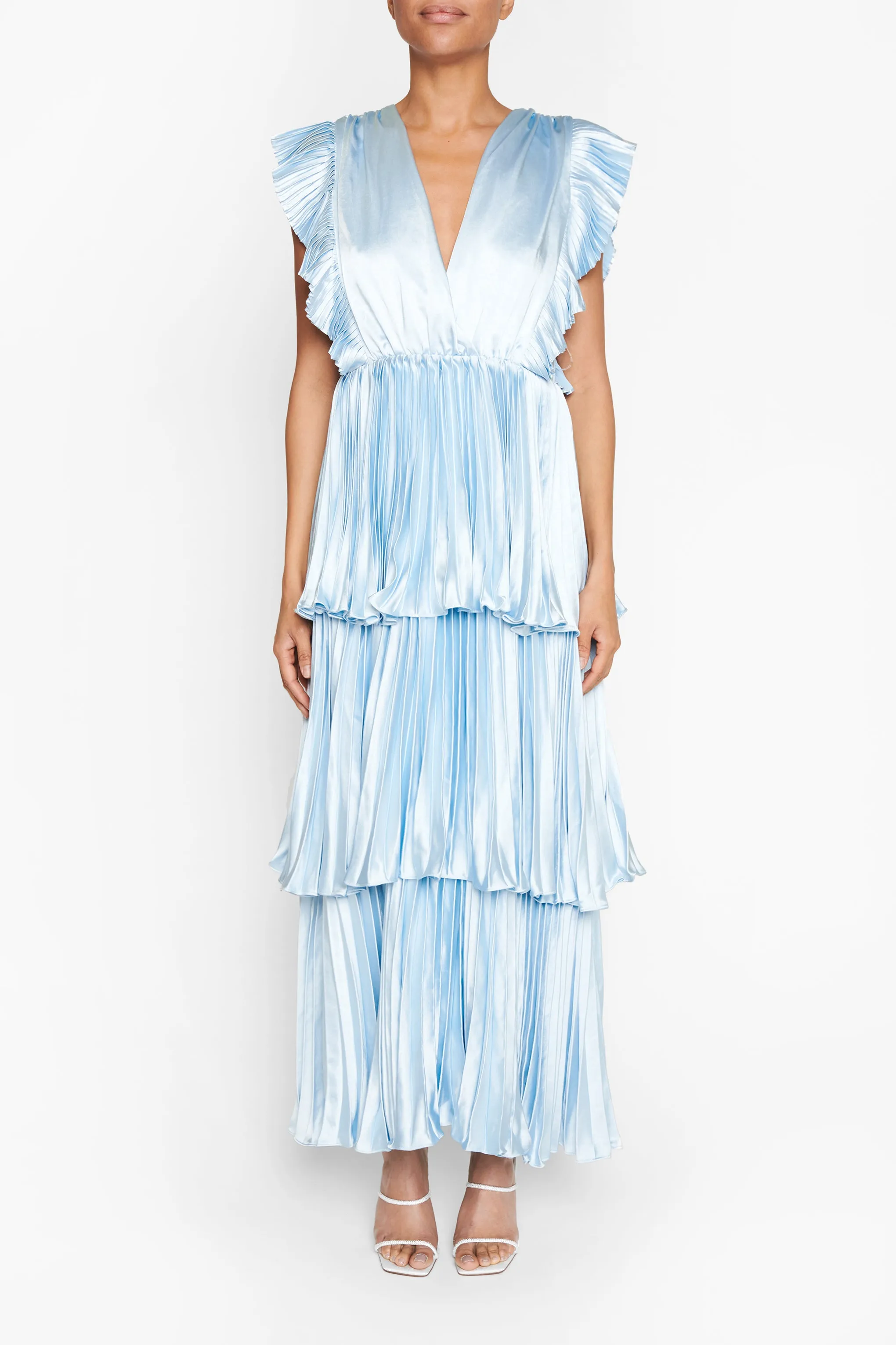 Beatrice Blue Satin Pleated Tiered Dress