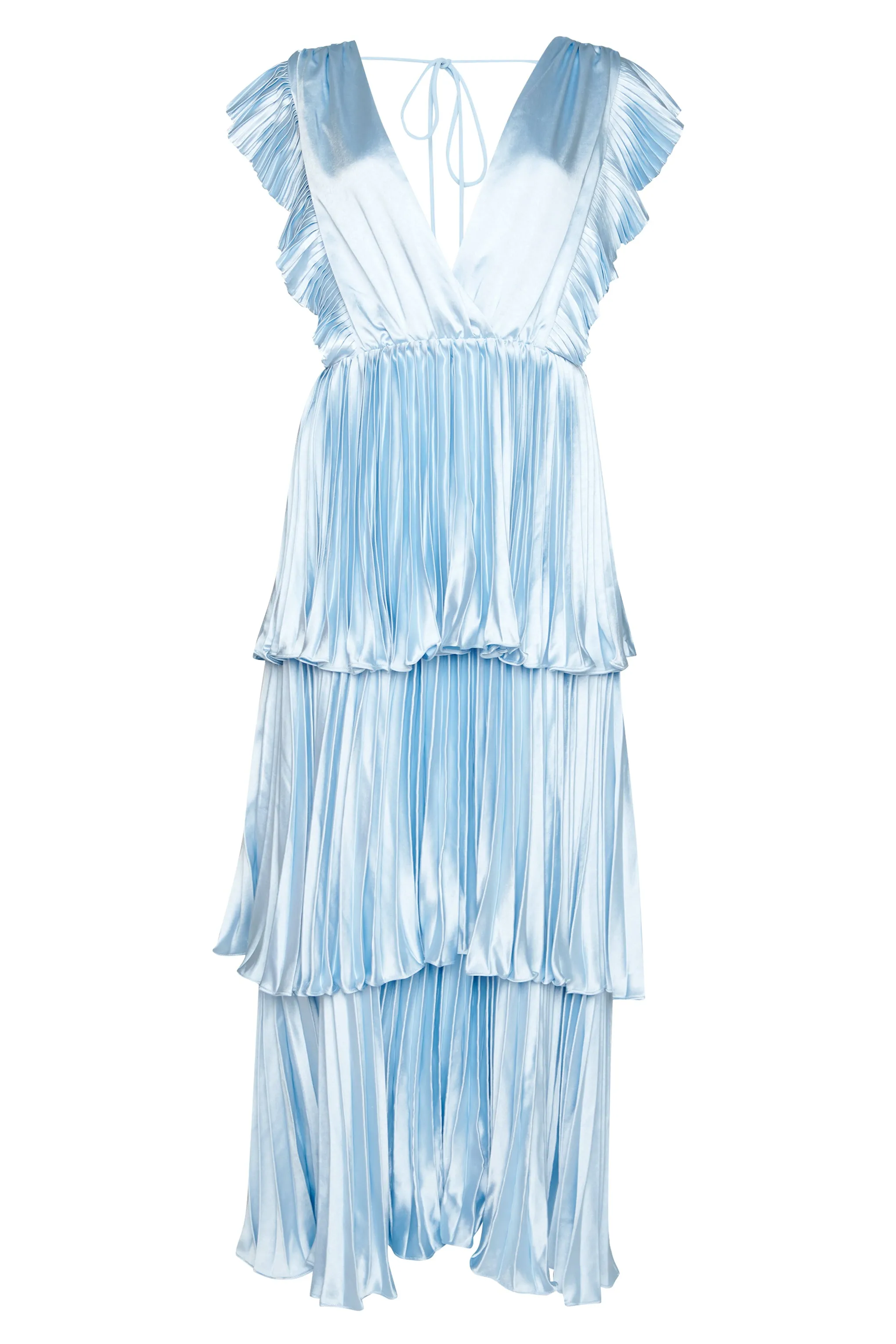 Beatrice Blue Satin Pleated Tiered Dress