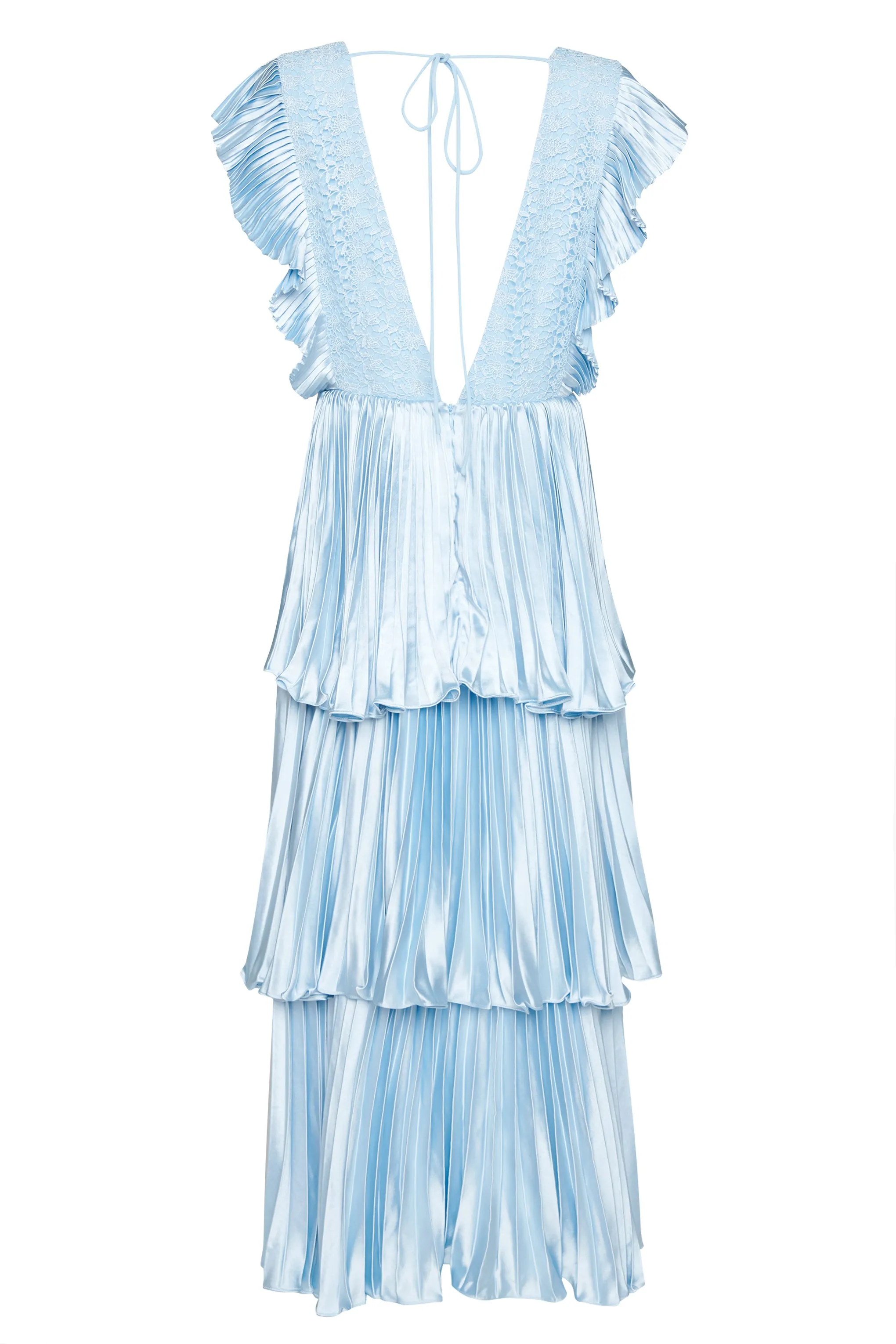 Beatrice Blue Satin Pleated Tiered Dress