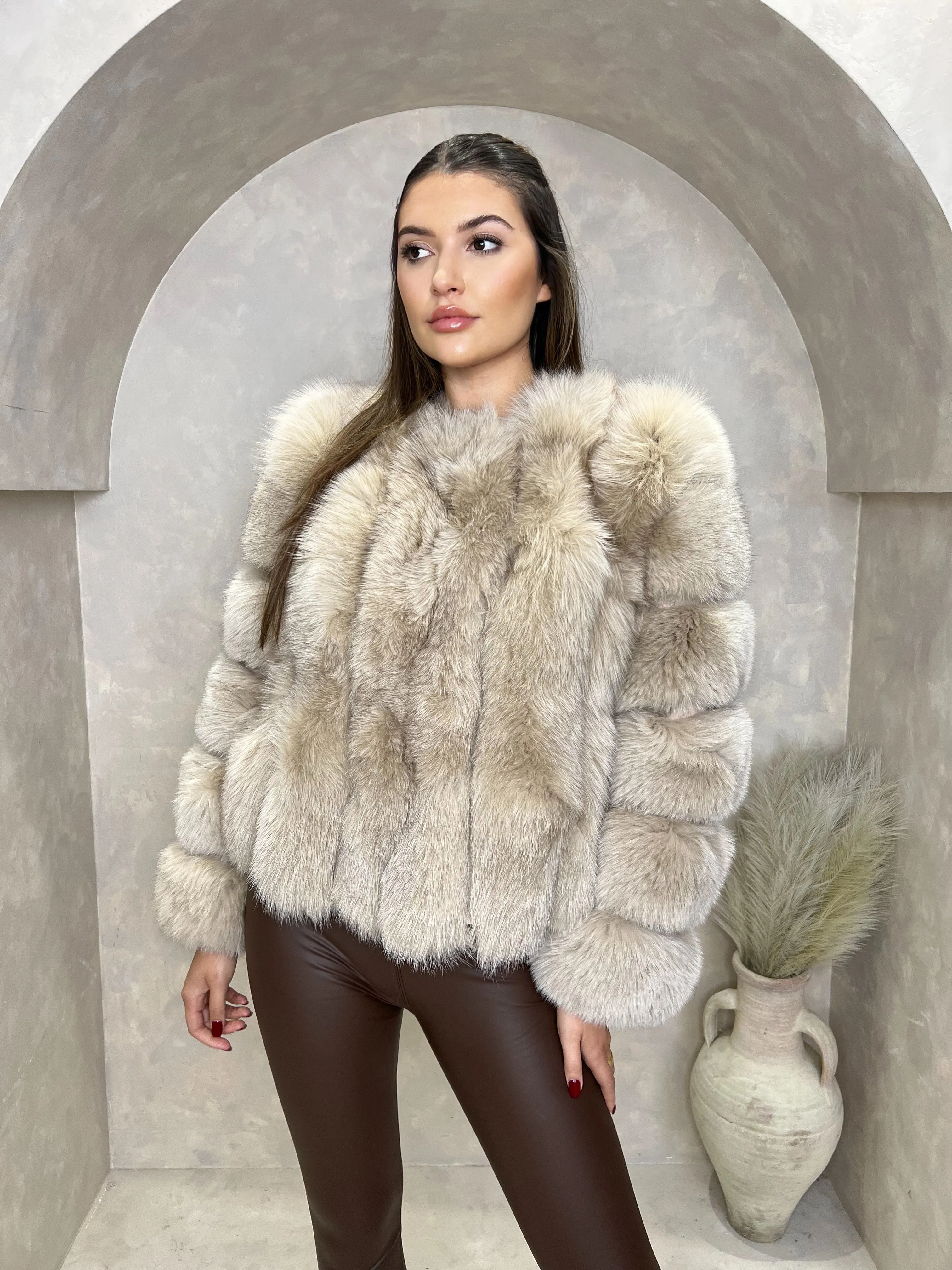 Beige Luxury Fur Vertical Pelt Coat