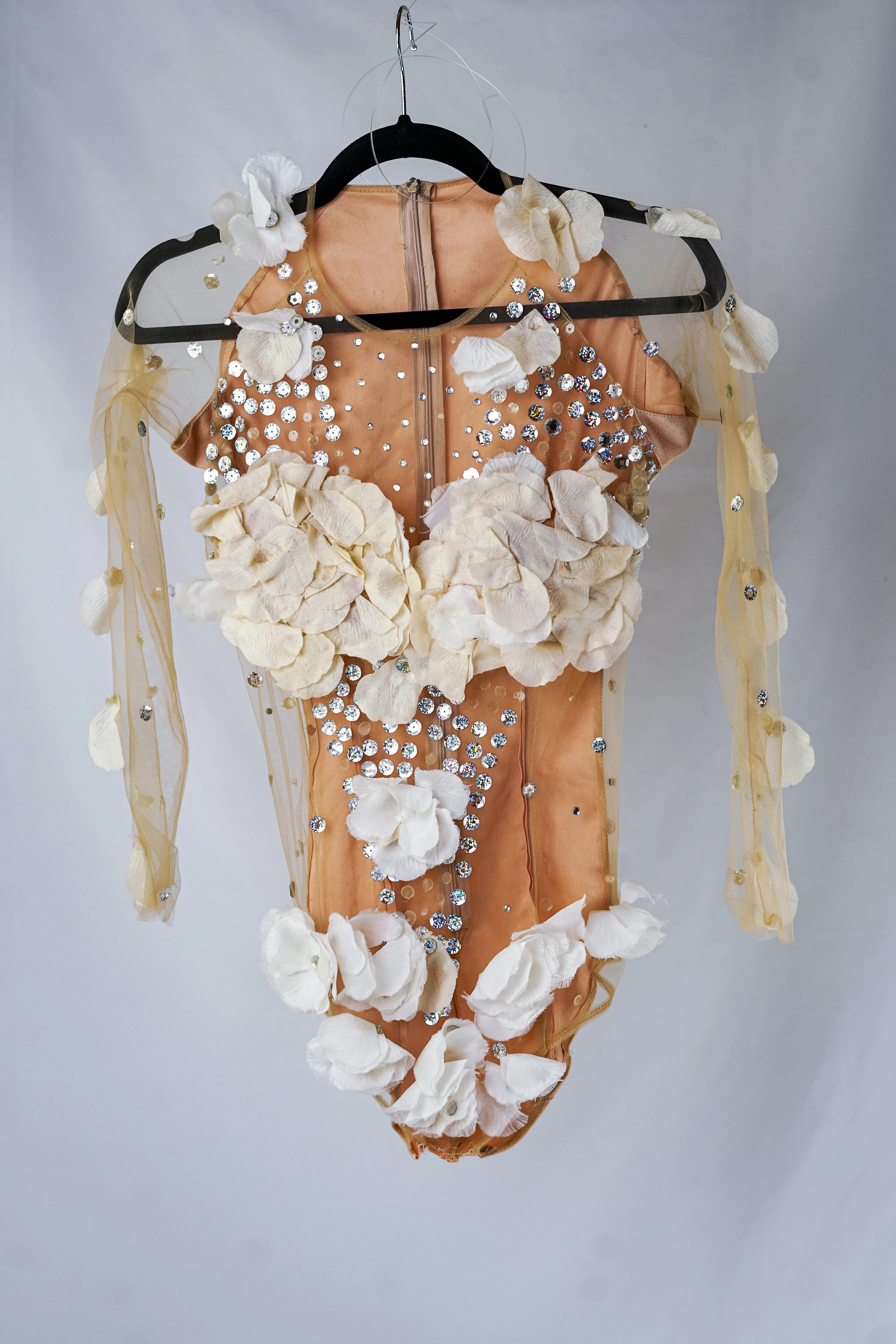 Beige Mesh Bodysuit with White Flowers and Crystals