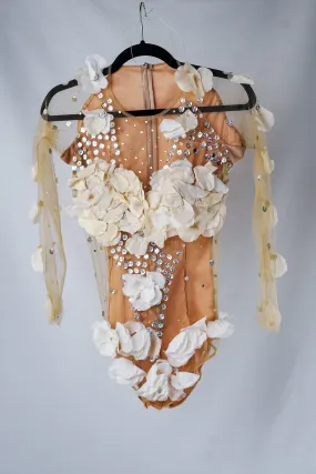 Beige Mesh Bodysuit with White Flowers and Crystals