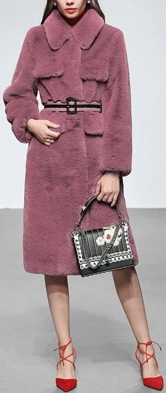 Belted Faux-Fur Coat, Mauve