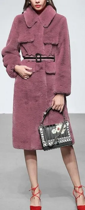 Belted Faux-Fur Coat, Mauve