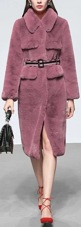 Belted Faux-Fur Coat, Mauve