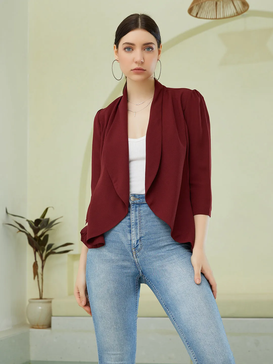 Berrylush Women Solid Maroon Shawl Collar Neck Long Sleeves Open-Front Regular Blazer