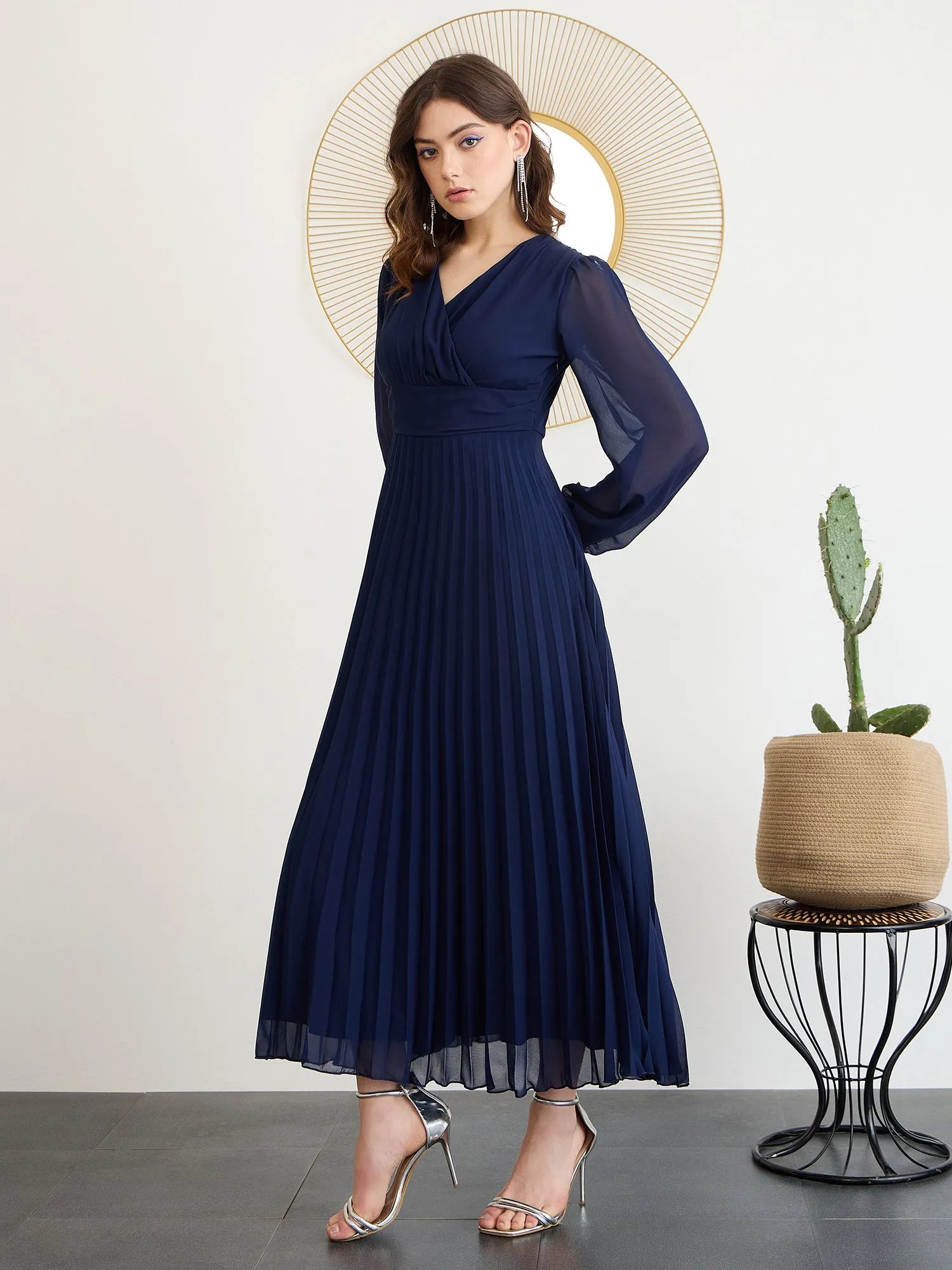 Berrylush Women Solid Navy Blue V-Neck Long Puff Sleeves Pleated Empire Maxi Dress