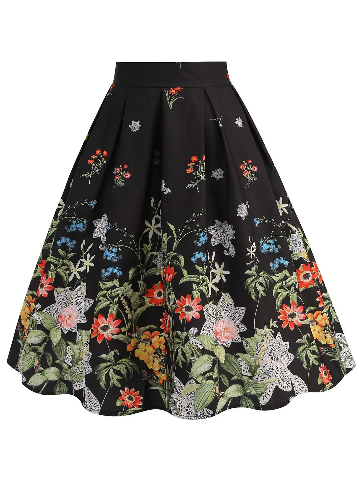 Black 1950s Floral Pleated Swing Skirt