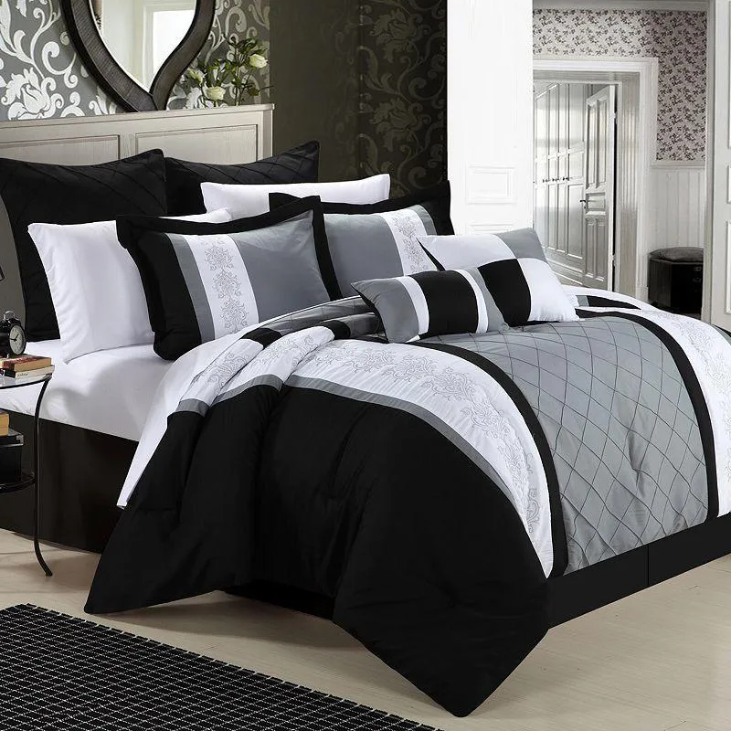 Black & White Luxury Pleated Duvet Set with Printed Patch