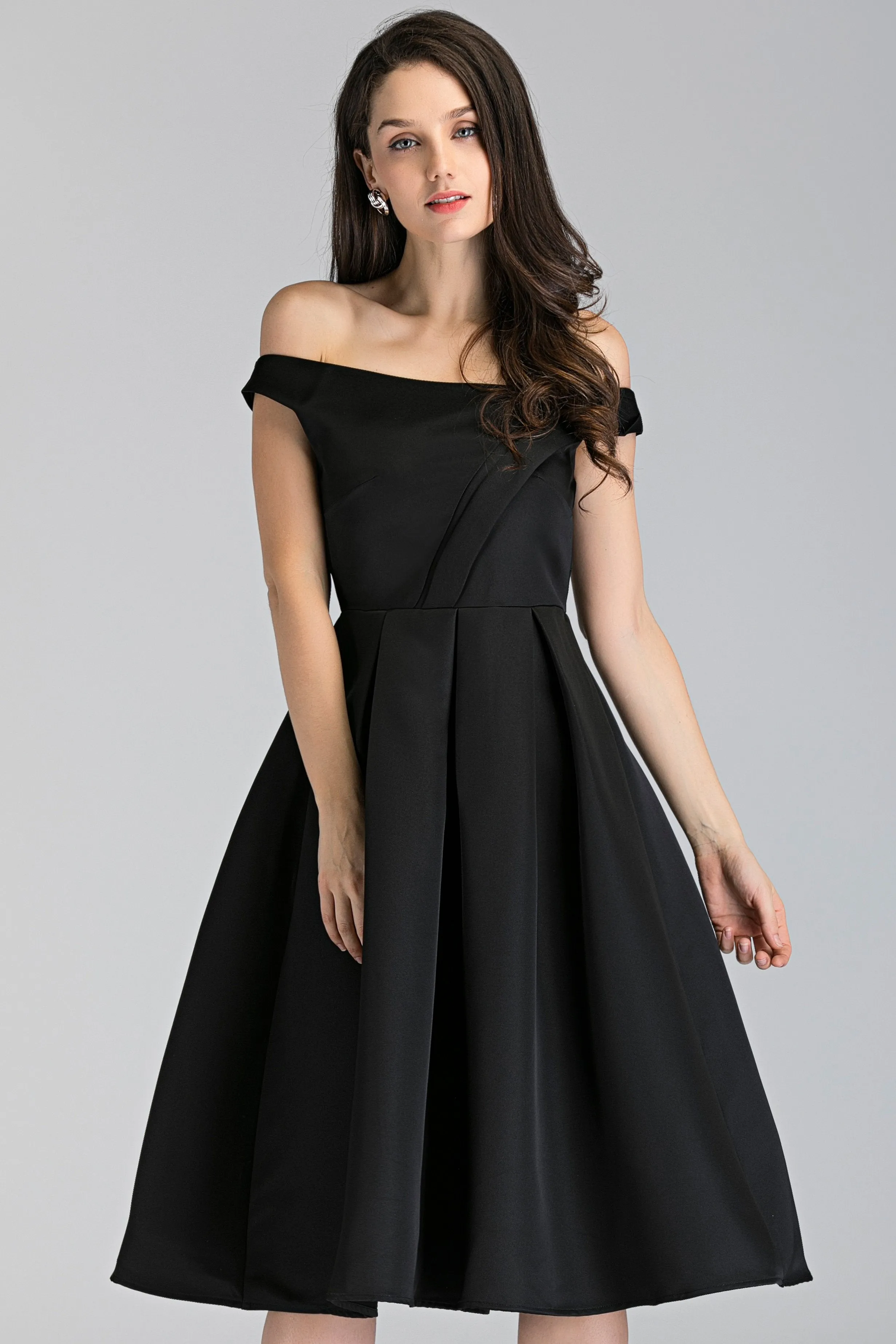 Black Asymmetric Strap Midi Ball Dress