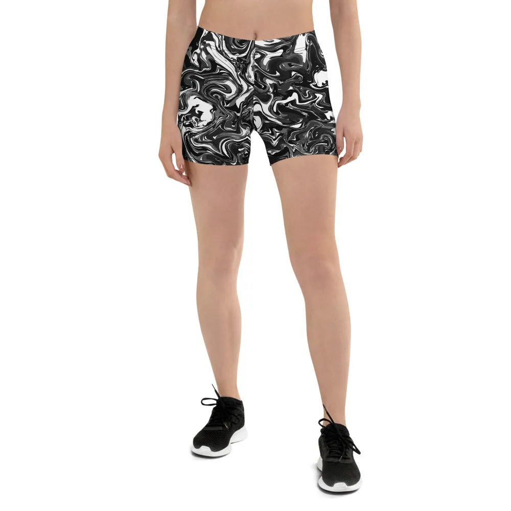 Black Marbled Shorts, Marble Print Short Elastic Gym Women's Fitness Tights-Made in USA/EU