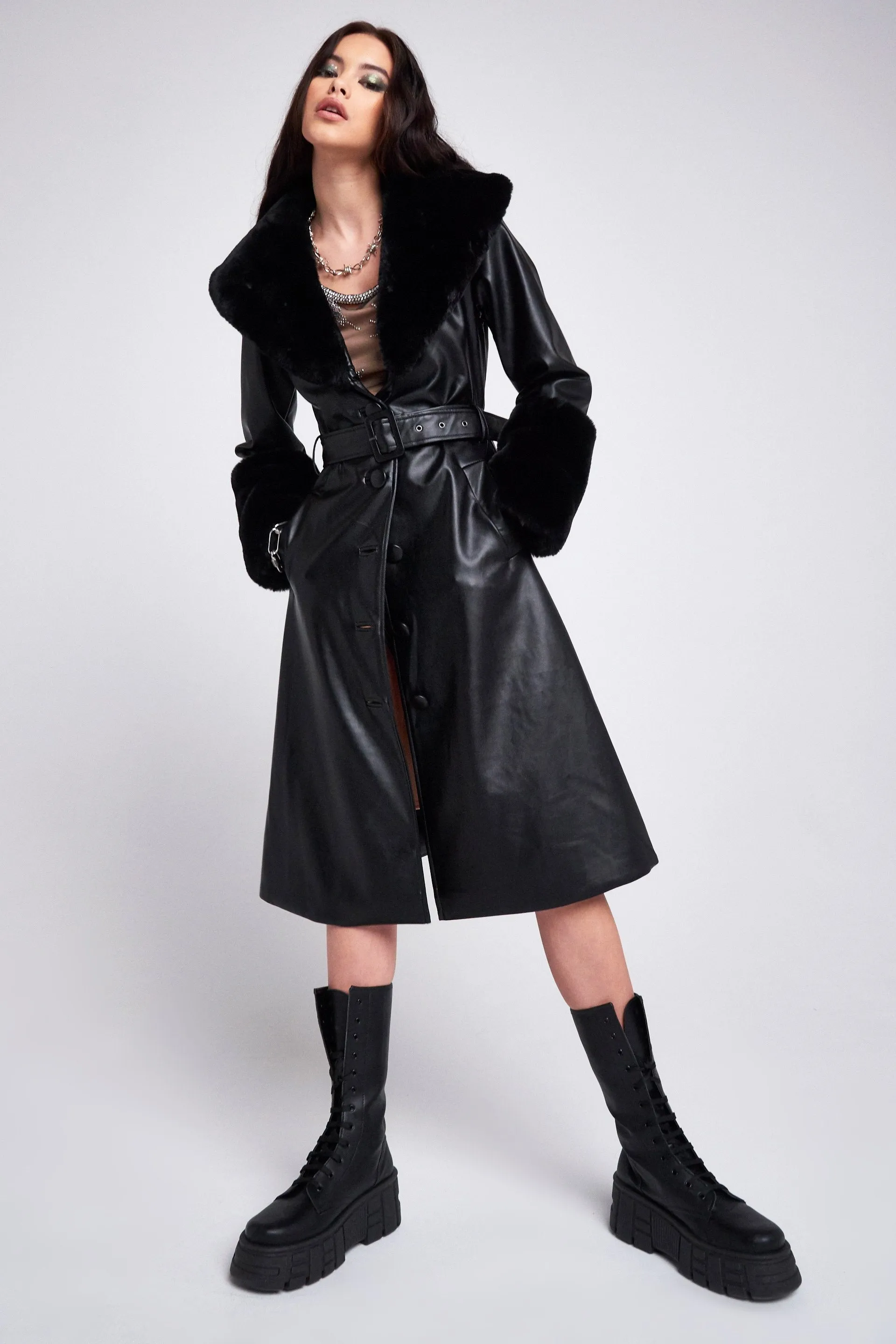 Black Midi Coat With Black Faux Fur