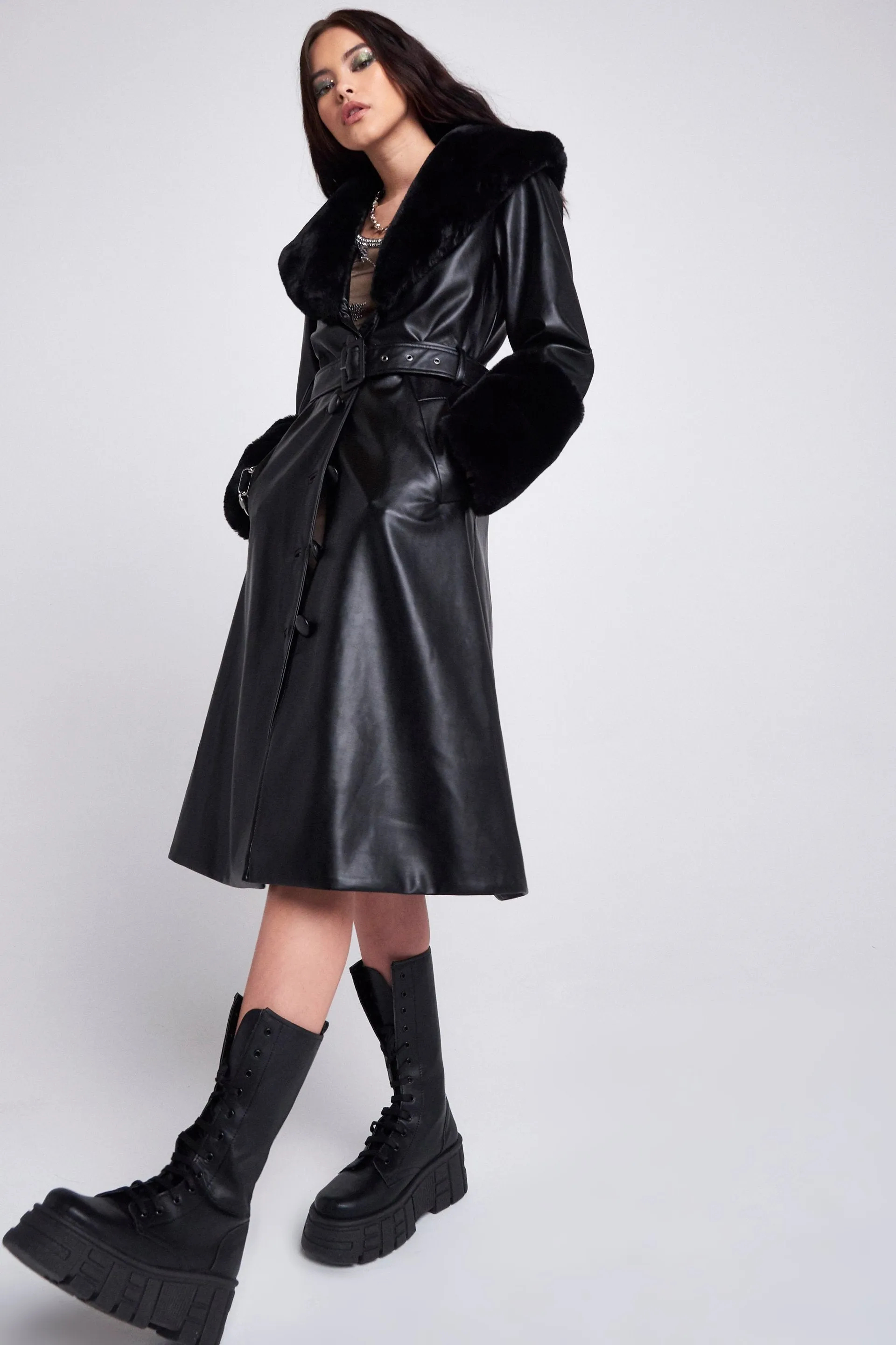 Black Midi Coat With Black Faux Fur