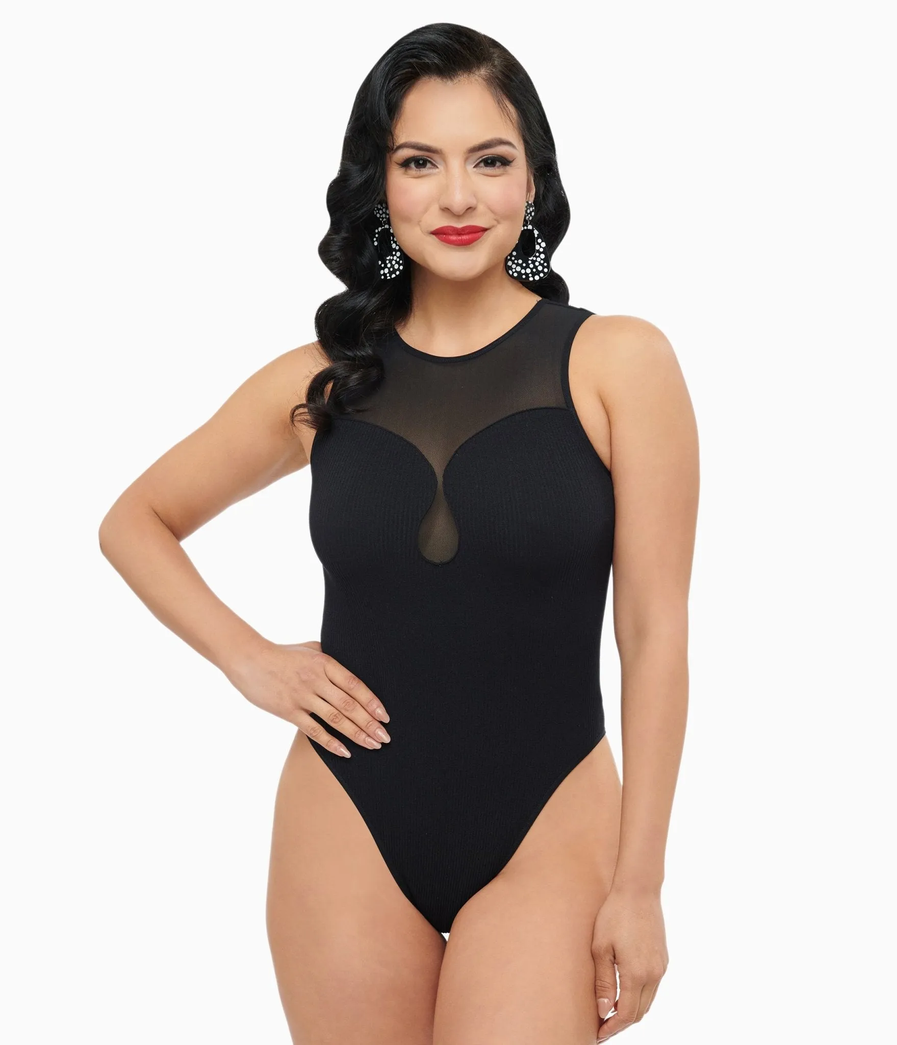 Black Ribbed Bodysuit With Mesh Neckline