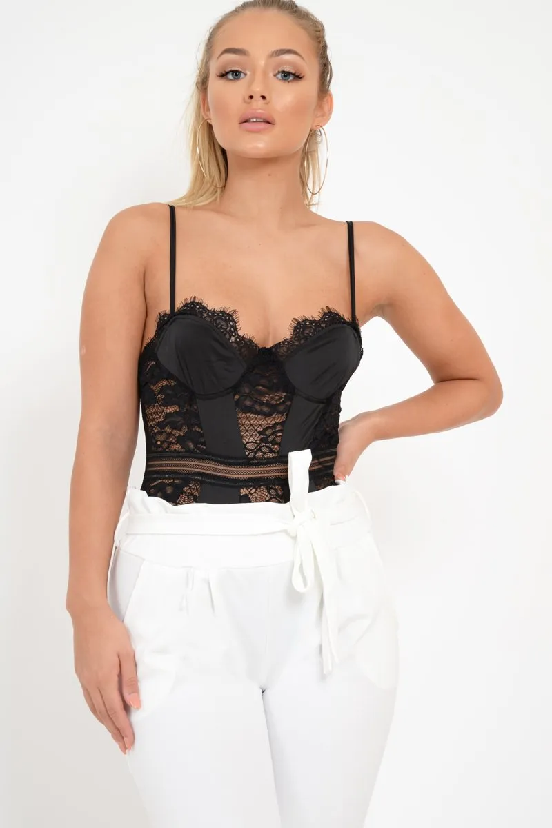 Black Scalloped Lace Satin Bodysuit - Jeriah