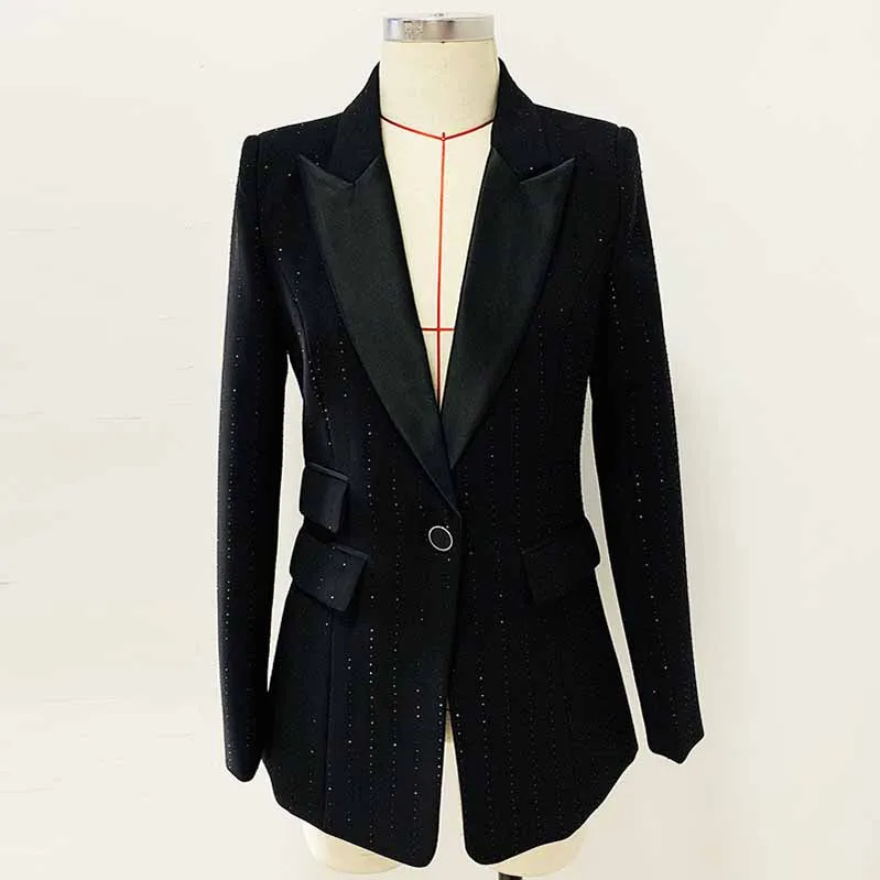 Black White Blazer For Women Single Button Long Blazers Hot Drilling Jackets