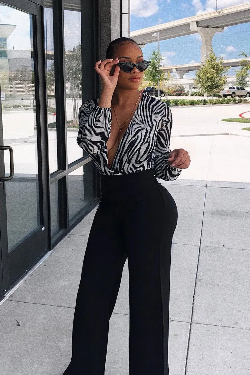 Black Zebra Print Plunge Long Sleeved Bodysuit -  Macee