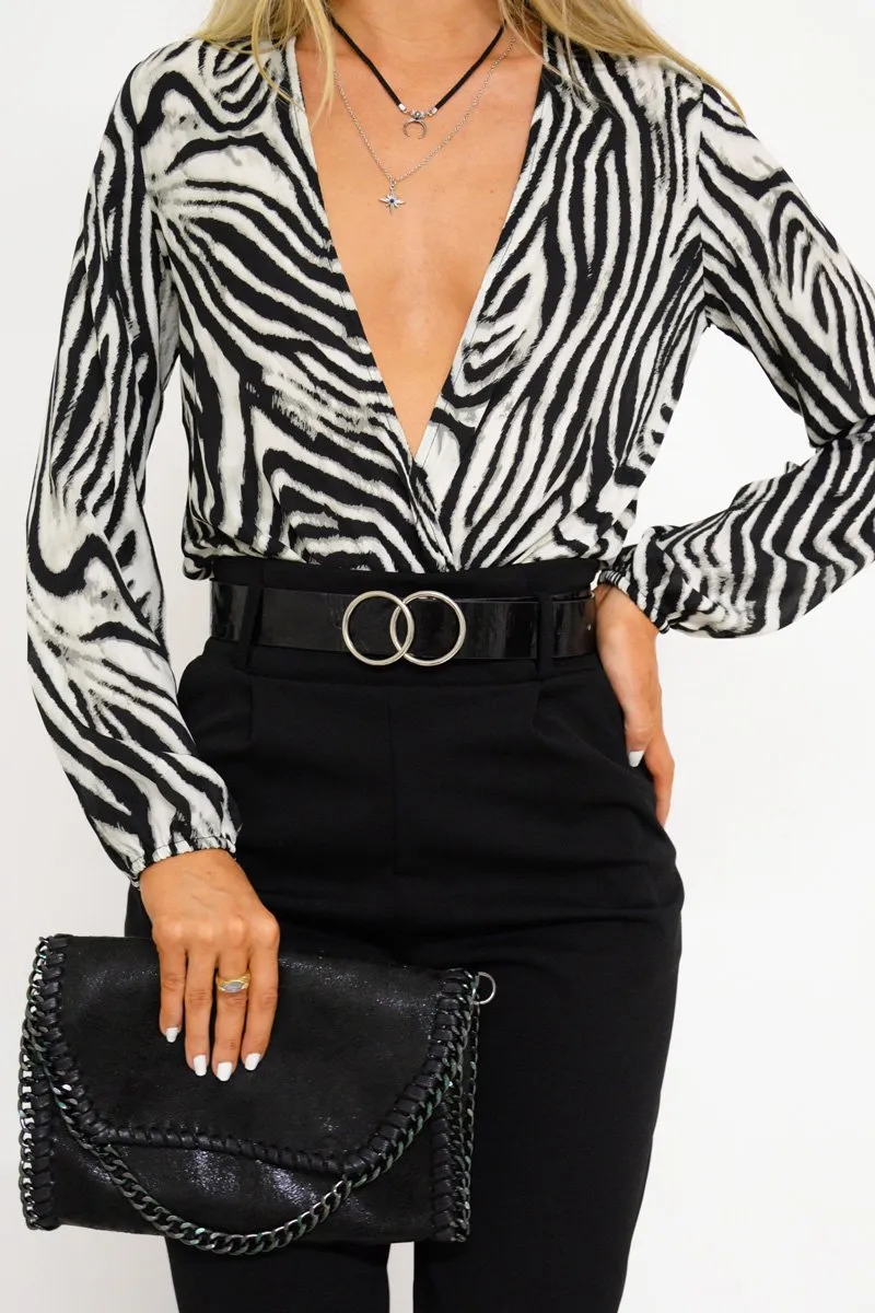 Black Zebra Print Plunge Long Sleeved Bodysuit -  Macee