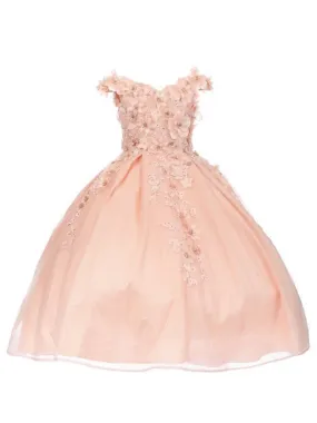 Bliss Little Girls Blush 3D Floral Applique Off Shoulder Ball Gown 2-6