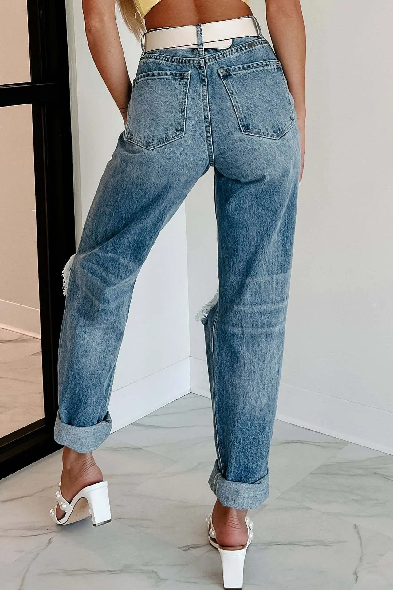 Blue High Waist Ripped Straight Leg Denim Jeans