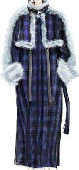 Blue Tartan Fur Coat with Black Belt Straps